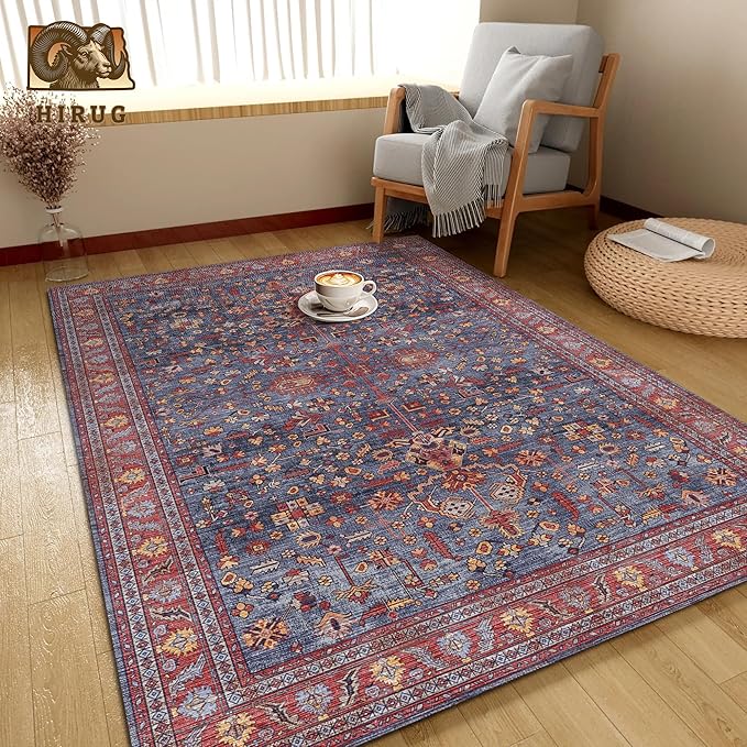 Washable Area Rug 8' x 10' Vintage Traditional Persian Mat - Foldable Distressed Non-Slip Machine Washable Carpet for Living Room Bedroom Kitchen Home Decor - Indigo and Crimson