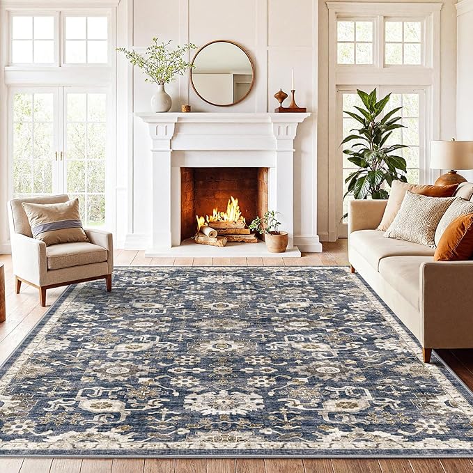 AMADA HOMEFURNISHING 6x9 Area Rugs, Blue Low-Profile Washable Rug with Non-Slip Backing & Durable Edge Binding, Vintage Rugs for Living Room, Bedroom, Dining Room