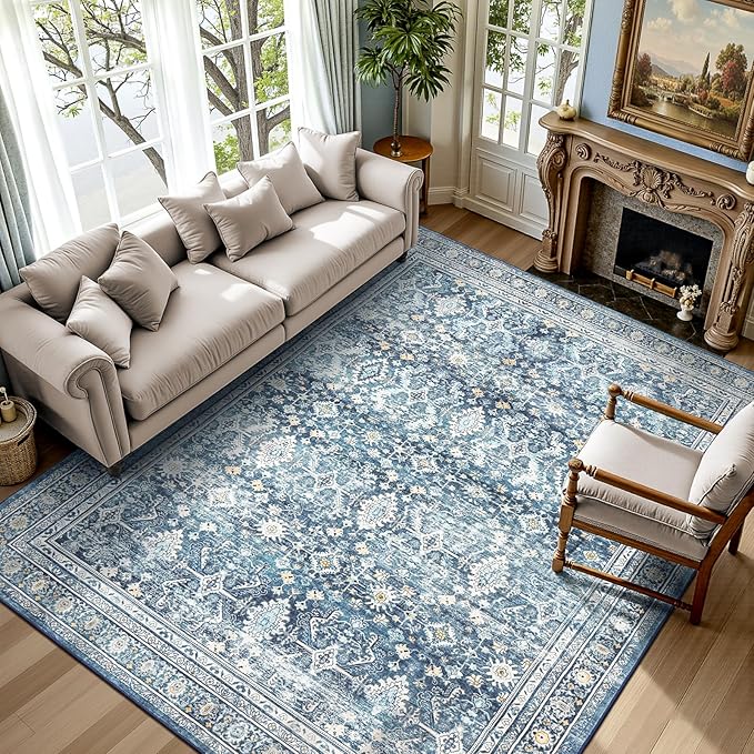 Lofus 6x9 Area Rug for Living Room,Blue Washable Area Rugs with Non-Slip Backing,Soft Boho Carpets for Bedroom Dining Room Home Office Indoor Nursery