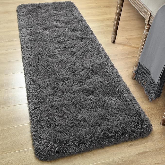 Tepook Fluffy Runner Rugs for Bedroom Aesthetic 2x6 Feet, Shag Soft Bedside Rug with Non-Slip Bottom, Fuzzy Plush Carpet for Room, Hallway Rug for Nursery Dorm Indoor Home Decor, Dark Grey