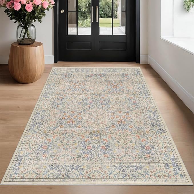 Washable Dining Room Rugs, 6x9 Area Rug for Living Room, Bedroom, Kids Playroom, Baby Nursery - Low Pile Non-Slip Lightweight - Oriental Vintage Design & Stain Resistance (6x9 Light Beige Blue)
