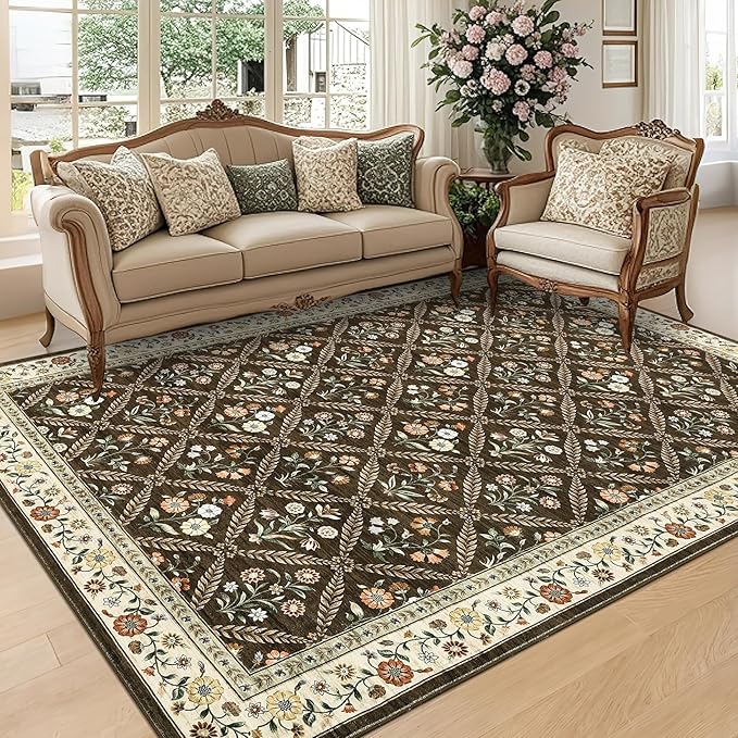 Large Entryway Rug 3x5 Floral Washable Area Rugs Vintage Soft Non-Slip Small Floor Carpet Doormat Stain Resistant Low-Pile Ultra-Thin Entry Mat for Bedside Kitchen Brown