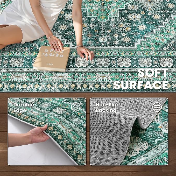 zesthome 8x10 Area Rugs for Living Room,Non-Slip Backing Washable Rugs,Vintage Large Area Rug，Stain Resistant Home Decor Rug(Green/Teal,8'x10')