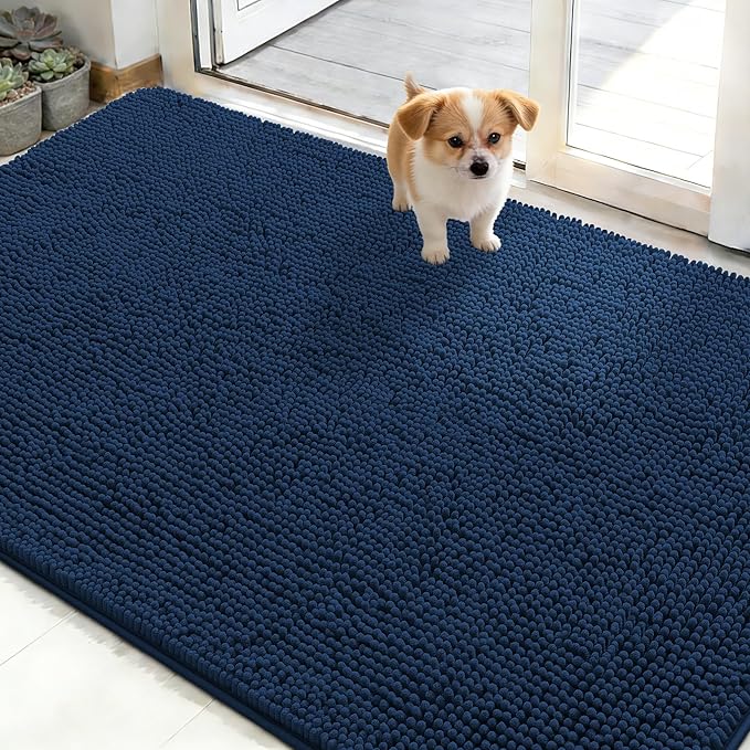 OLANLY Dog Door Mat for Muddy Paws 50x30, Absorbs Moisture and Dirt, Absorbent Non-Slip Washable Doormat, Quick Dry Chenille Mud Mat for Dogs, Entry Indoor Entryway Carpet for Inside Floor, Dark Blue