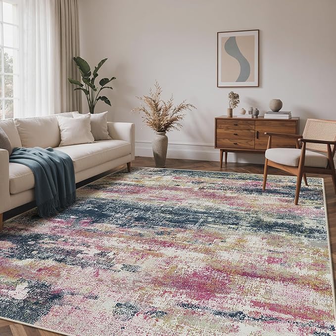 Area Rugs 8x10 for Living Room Bedroom, Modern Abstract Machine Washable Rug, Large Soft Low Pile Floor Carpet with Non Slip Backing for Dining Room, Navy/Pink