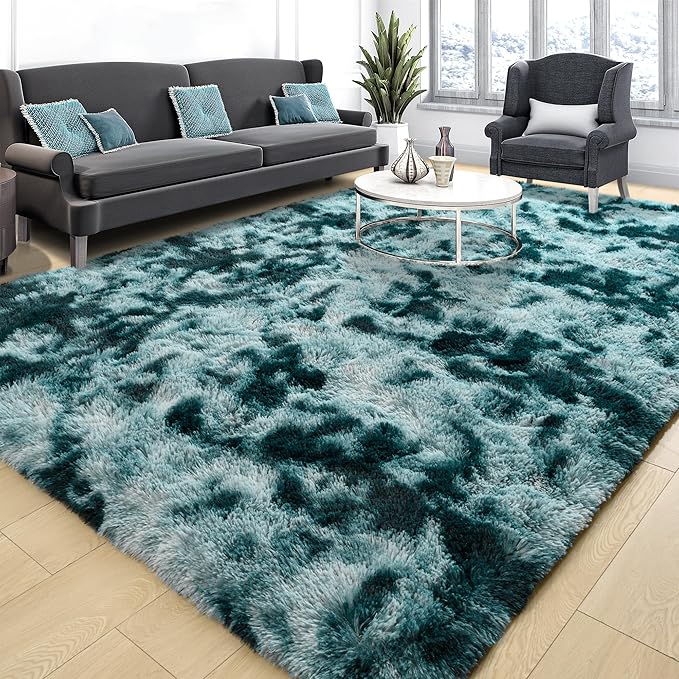 Tepook Fluffy Large Rugs for Living Room, Area Rug 6x9 Soft Carpet for Bedroom, Modern Shaggy Rug for Kids Boys Girls, Plush Indoor Nursery Home Decor Rug with Non-Slip Bottom, Peacock Blue