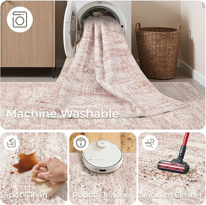 Rug Runners for Hallways Non Slip - 2x8 Runner Rug for Bedroom, Washable Runner with Rubber Backing, Soft Low-Pile Carpet for Kitchen, Laundry, Bathroom (2'x8', Pink/Ivory)
