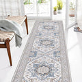 OPPODREAM Soft Entryway Rug 2x8, 2x8 Rug Runner, Neutral Washable Hallways Carpet 2 x 8 with Non Slip Backing, Low-Pile Bedside Carpet 2 x 8, Long, Faux Cashmere, Cream White & Blue & Light Brown
