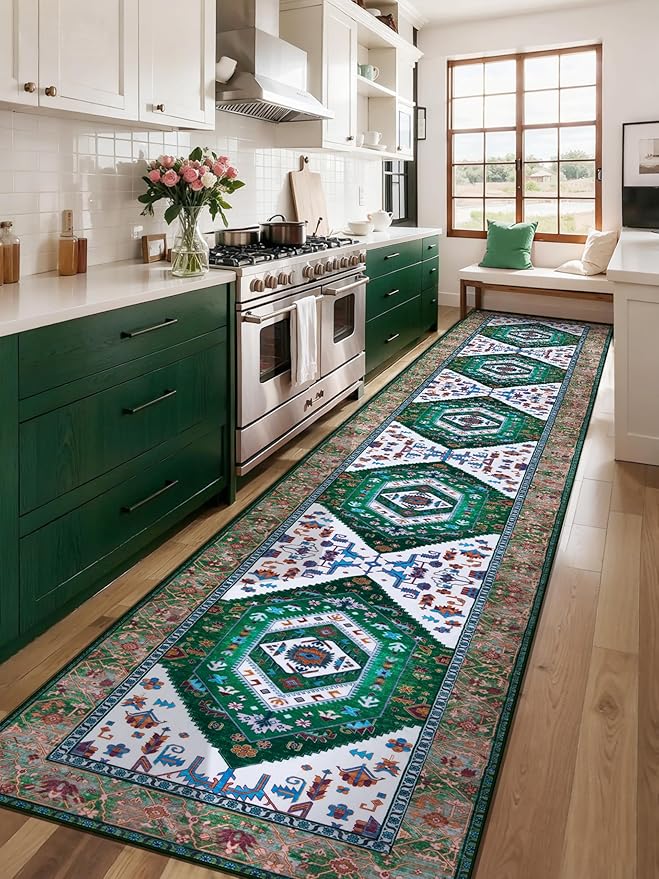 SERISSA Runner Rug for Hallways, 2'6"x14' Washable Non Slip Kitchen Runner Rug, Extra Long Boho Rug Ultra Soft Vintage Green White Print Floor Carpet for Bedroom Hallway Entryway Bathroom Laundry Room