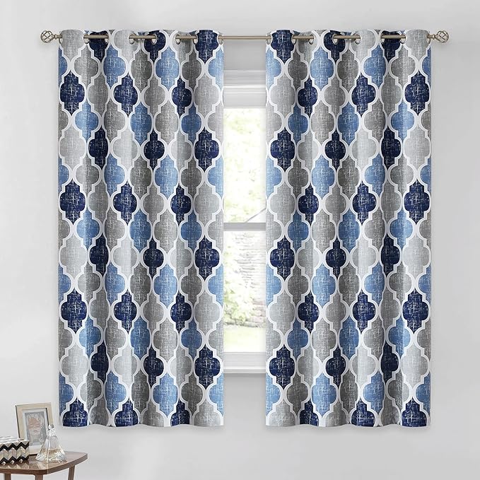 Beauoop 100% Blackout Curtains 63 Inches Long 2 Panels for Bedroom Living Room Blue Grey Moroccan Geo Room Darkening Thermal Insulated Soundproof Grommet Top Window Treatments Drapes, 50x63 Set of 2