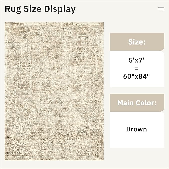 5x7 Area Rugs Brown Low Pile Indoor Washable Trendy Faded Style Floral Rugs for Bedroom Living Room Dining Room Foldable Non-Slip Thin Print Mat