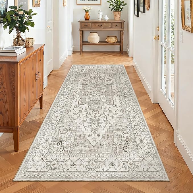 Madane Hallway Runner Rug 3x6 - Washable Kitchen Rugs Entryway Rug Runner Vintage Soft Floor Mat Non Slip Indoor Farmhouse Carpet for Bathroom Living Room Bedroom (3 X 6, Beige/Brown)