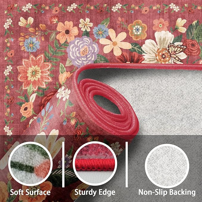 2x4 Entryway Runner Rugs, Non Slip Washable Rugs with Rubber Backing Soft Floral Carpet Runner for Kitchen, Laundry, Bedroom, Bathroom(2 x 4, Red Garden)