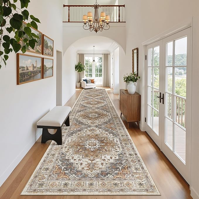 Madane Hallway Runner Rug 2'6''x16' Kitchen Runner - Non Slip Vintage Runners for Hallways Washable Soft Low Pile 2.5x16 ft Rug Runner for Laundry Room, Entryway and Bedroom, Turmeric/Grey
