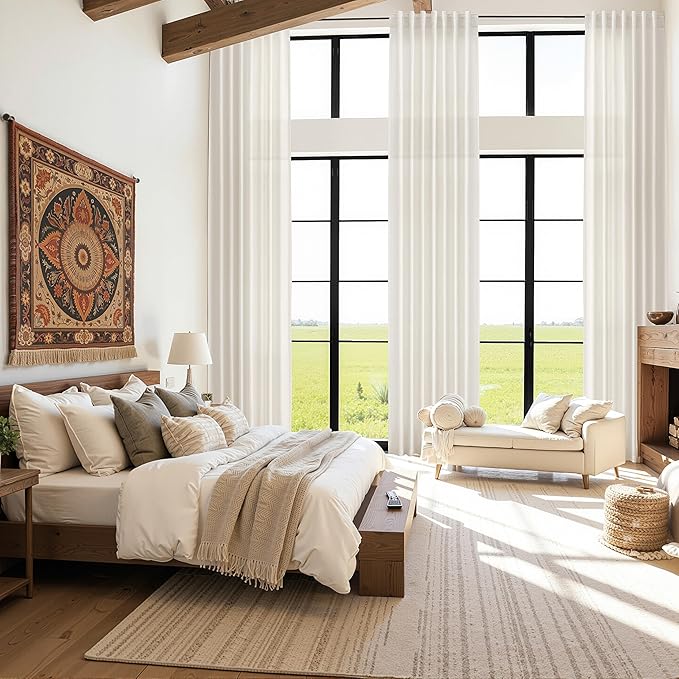 Nanspring Natural Linen Curtains for Living Room 126 Inches Long Back Tab Light Filtering Semi Sheer Curtain Rustic Farmhouse Decor Long Floor to Ceiling High Window for Bedroom 52x126, 2 Panels