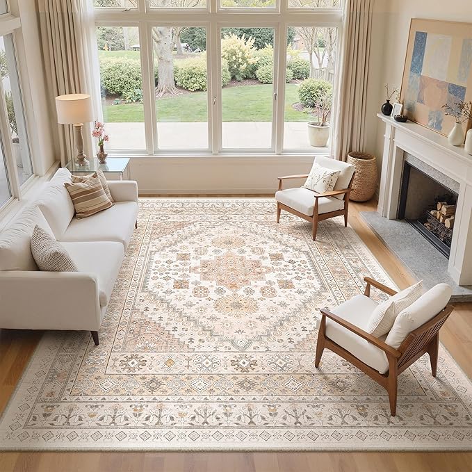 zesthome 9x12 Area Rugs for Living Room,Non-Slip Backing Washable Rugs,Vintage Large Area Rug，Stain Resistant Home Decor Rug