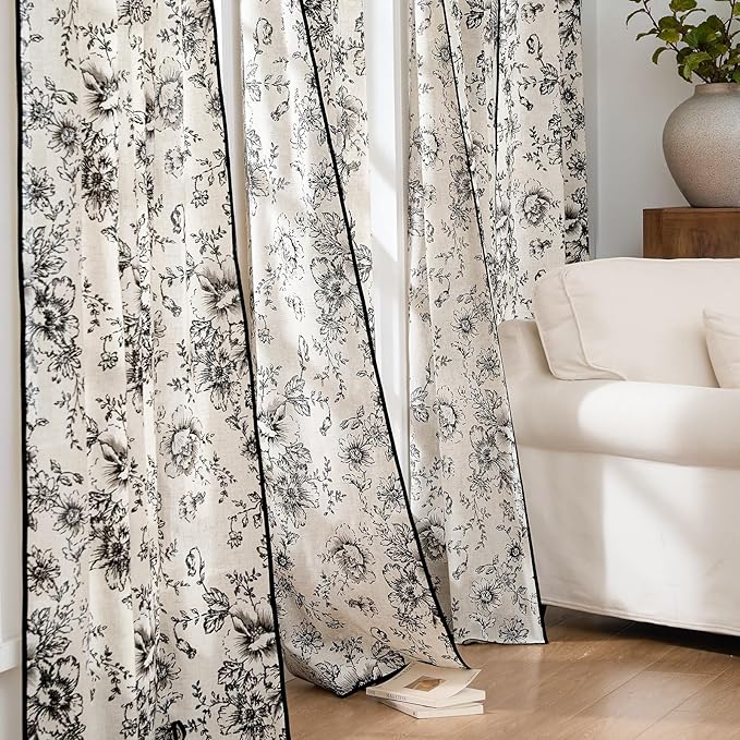jinchan Linen Blend Floral Curtains French Country Curtain for Living Room 84 Inch Length Black Printed Curtain Rod Pocket Back Tab Farmhouse Peony Flower Patterned Drapes Window Curtains Set 2 Panels