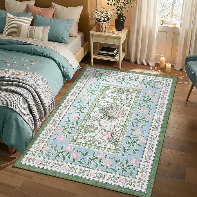 GarveeHome Blue Green Pink 2x3 Door Mat Indoor Rugs for Entryway Provence Small Botanical Grove Cottage core Washable Non-Slip Low-Pile Rug for Bedroom Bathroom Entrance TPE Backing