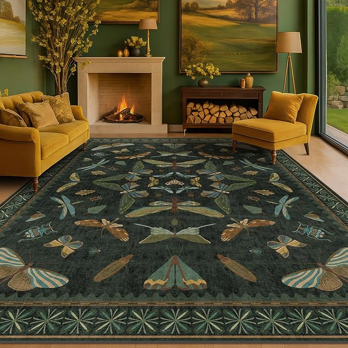 Hazo Haus Dark Green Insect Area Rugs 8x10 for Living Room, Dining Room Under Table, Bedroom, Unique Washable Floral Non Slip Low Pile Soft Rug