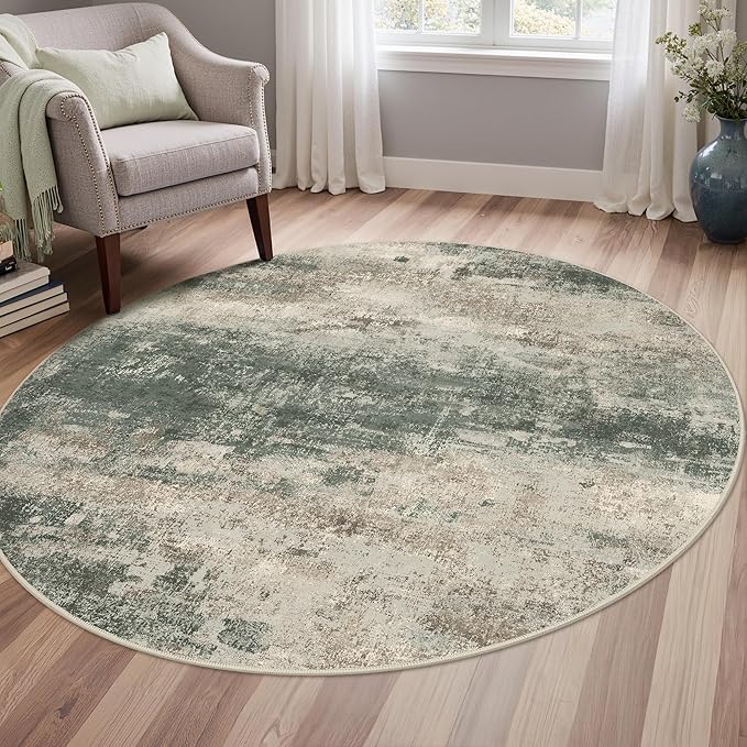 Round Rugs 4FT for Living Room Bedroom, Modern Abstract Machine Washable Circle Rug, Soft Low Pile Floor Cover with Non Slip Backing for Dining Room, Grey/Dark Green