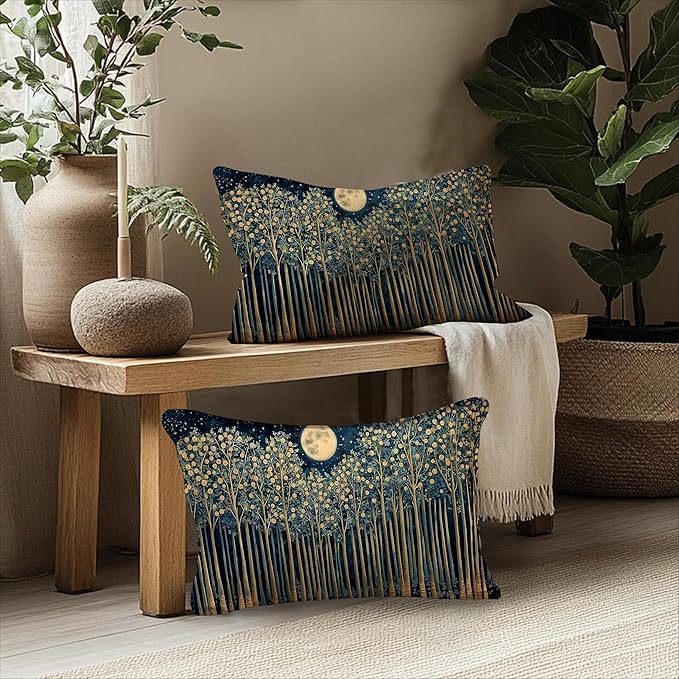Rustic William Morris Inspired Night Forest Green Moon Decor Pillow Covers 12x20 Set of 2,Vintage Botanical Nature Landscape Decorative Throw Pillow Covers for Home Bedroom Living Room