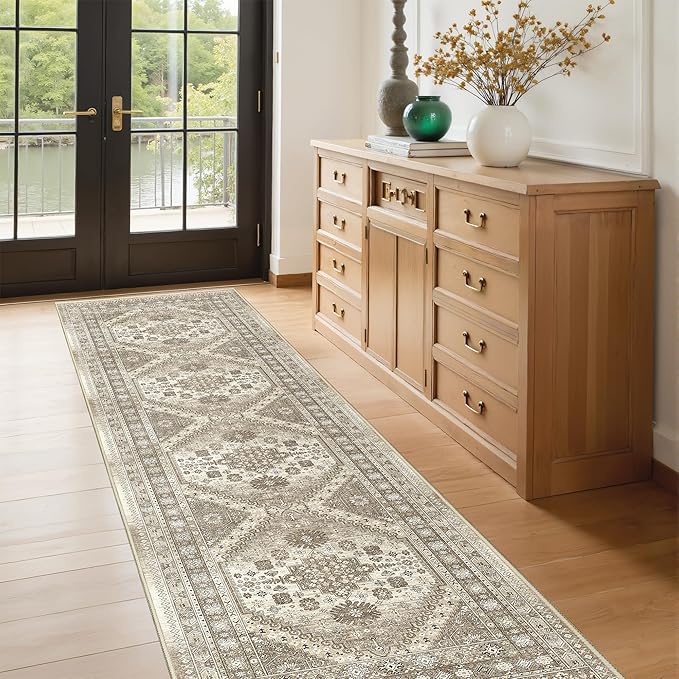 Runner Rug 2x8 Runners for Hallways Non Slip Washable, Vintage Hallway Runner Rugs for Living Room, Low Pile Soft Hallway Rug for Kitchen Bedroom Laundry Room Rug(Brown,2'x8')