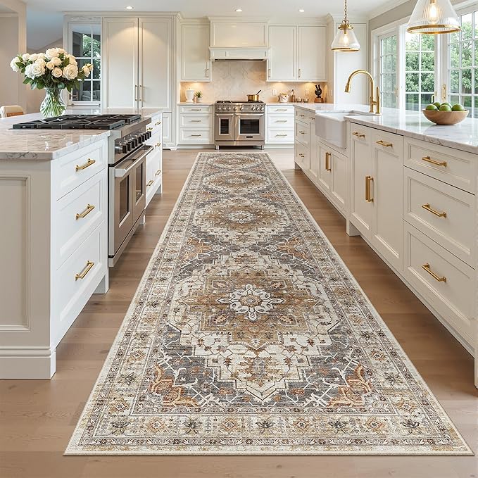 Madane Hallway Runner 3x14 - Runner Rugs 14ft Washable Entryway Rug Vintage Kitchen Runners Non Slip Indoor Area Rug Farmhouse Carpet Runner for Bathroom Living Room Bedroom, Turmeric/Grey