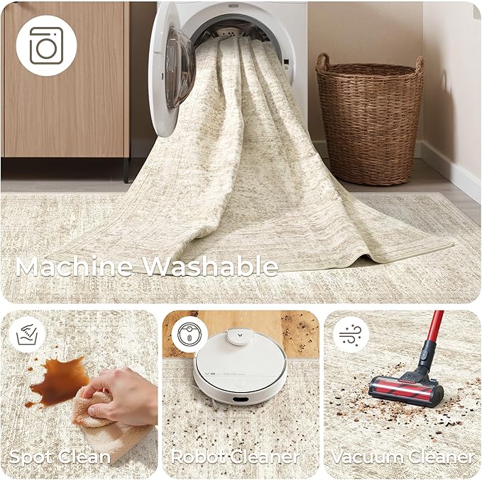 4x12 Runner Rug for Hallway, Low-Pile Wide Runner for Entryway, Long Washable Non-Slip Kitchen Rug, Soft Modern Home Decor Mat for Living, Laundry Room(4'x12', Beige/Ivory)
