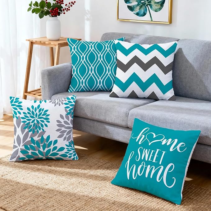 Hexagram Geometric Teal Pillow Covers 18x18 Set of 4, Decorative Outdoor Boho Modern Throw Pillow Covers, Home Sweet Home Farmhouse Cushion Case for Couch Sofa Bedroom Indoor Decor(No Insert)