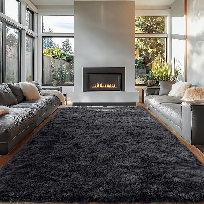 OLANLY 7x10 Machine Washable Large Area Rugs for Living Room, Bedroom, Soft Fluffy Shaggy Bedside Rug, Indoor Floor Carpet for Kids Girls and Boys, Dorms, Nursery, Home Decor Aesthetic, Black
