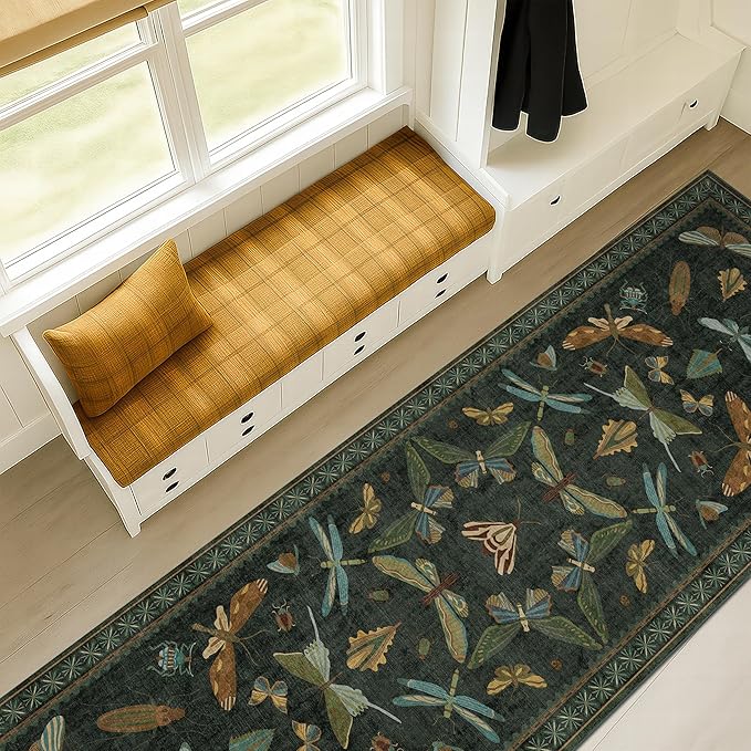Washable Insect 2x8 Long Runner Rug for Hallway - Stain Resistant Kitchen Rug Non Slip, Indoor Floor Mats for Entryway with Nature Butterfly Design, Low Pile & Soft (Dark Green)