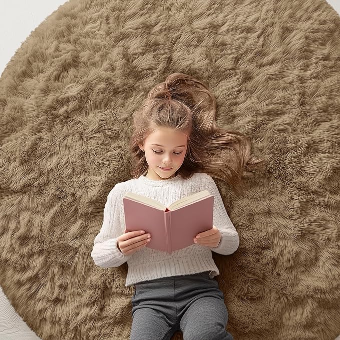 OLANLY Taupe Round Rugs for Bedroom - Machine Washable, 5 ft Circle Area Rugs for Living Room, Soft and Fluffy Shaggy Carpet for Teen Girl and Boys, Nursery Rooms, Dorms, Home Decor Aesthetic