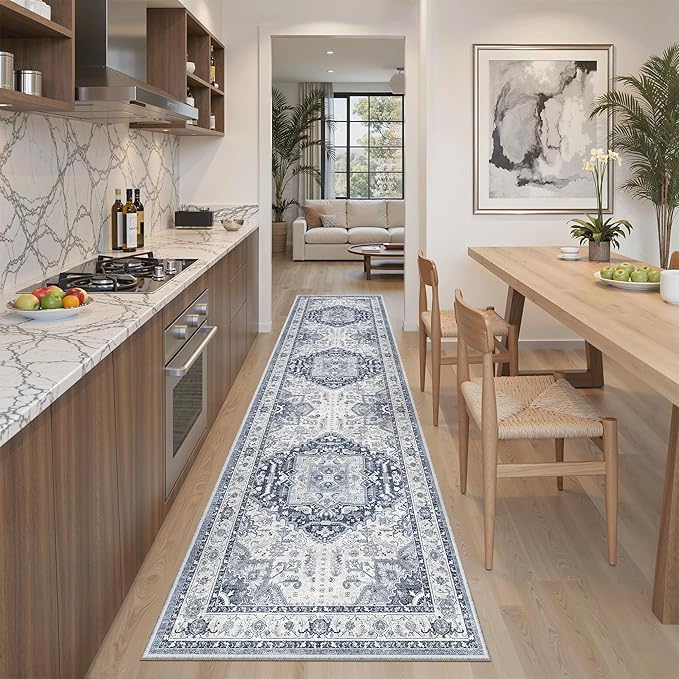 Madane Washable Runner Rug - 2x8 Runners for Hallways Kitchen Non-Slip Runner Rugs Ultra-Thin Laundry Room Rug Throw Carpet Runner for Entrance Living Dinning Room Foyer (Navy/White, 2 x 8)