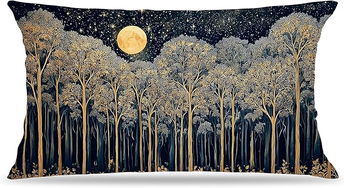 Rustic Dark William Morris Night Forest Moon Decor Pillow Covers 12x20,Vintage Gold Botanical Nature Landscape Decorative Throw Pillow Covers for Home Bedroom Living Room