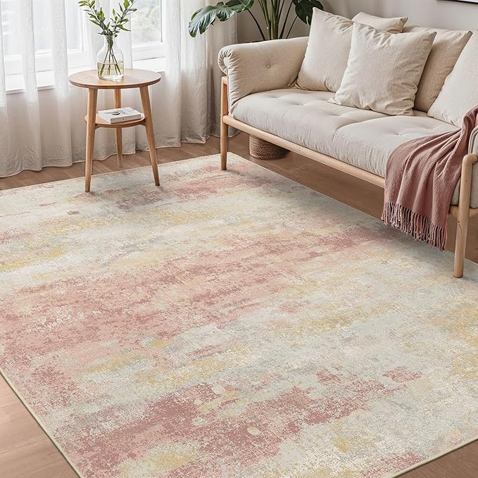 Area Rugs 8x10 for Living Room Bedroom, Modern Abstract Machine Washable Rug, Large Soft Low Pile Floor Carpet with Non Slip Backing for Dining Room, Pink/Cream