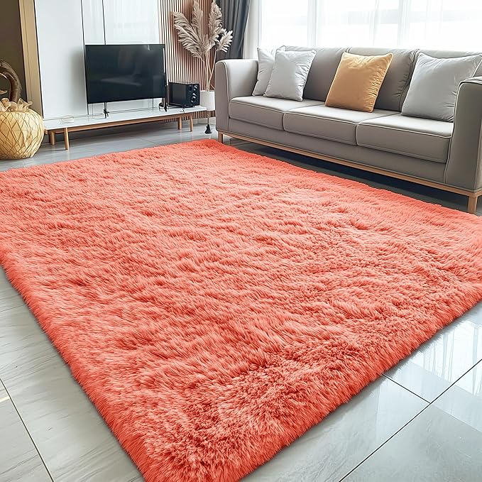 OLANLY 5x7 Machine Washable Large Area Rugs for Living Room, Bedroom, Soft Fluffy Shaggy Bedside Rug, Indoor Floor Carpet for Kids Girls and Boys, Dorms, Nursery, Home Decor Aesthetic, Coral Red