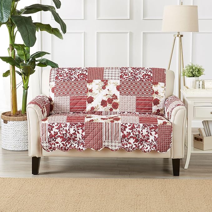 Great Bay Home Reversible Patchwork Loveseat Cover - Washable Slipcover Furniture Protector with Elastic Straps - Perfect for Kids & Pets - Box-Stitched Detail (Burgundy)