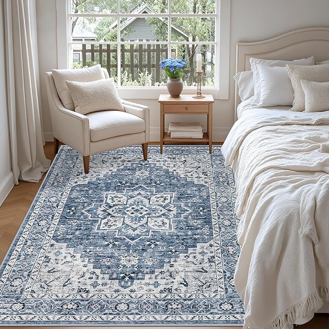 6x9 Area Rugs Living Room Rug: Washable Vintage Boho Medallion Rug No Slip Stain Resistant Soft Carpet Indoor Floor Large Carpets for Bedroom Dining Room Farmhouse Nursery Hallway Home Office Blue