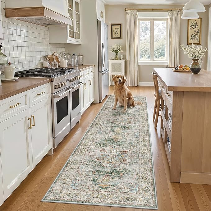 Madane Runner Rug 2x8, Washable Hallway Runner Rugs, Non-Slip Low-Pile Soft Kitchen Rug Runner Laundry Room Rug, Vintage Throw Entry Foyer Mat for Entrance Living Room (Green, 2 x 8)