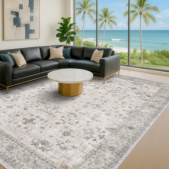 Hazo Haus Boho Light Grey Living Room Rug 10x12 - Modern Vintage Eclectic Floral Pastel Neutral Taupe, Washable Low Pile Non-Slip Extra Large Area Rugs for Dining Under Table Bedroom Lounge
