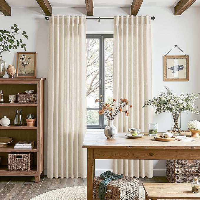Cream Beige Linen Curtains for Living Room 98 Inches Long Light Filtering Semi Sheer Curtain Back Tab Modern Farmhouse Decor Elegant Luxury Coastal Drapes for Bedroom Dinner Room 52x98, 2 Panels
