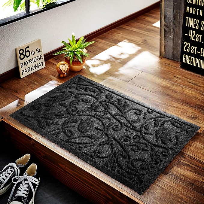 Boho Black Floral Leaves Outdoor Indoor Entrance Doormats, Absorbent Durable Heavy Duty Welcome Front Door Mat,Thick Natural Rubber Back,Easy Clean Entryway Mat 17x30 Inch, Low Profile