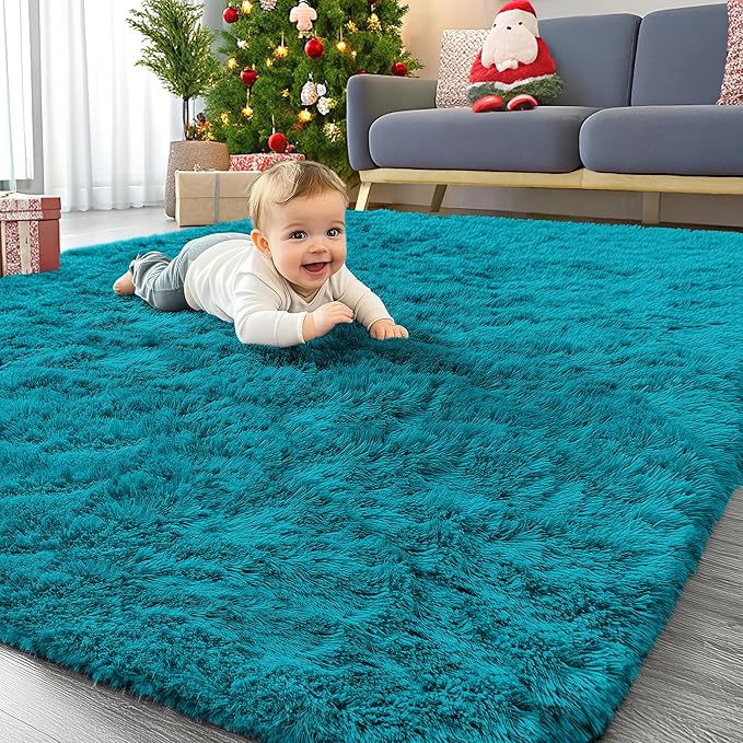 OLANLY Area Rugs for Living Room Bedroom, Machine Washable 4x5.9 ft Soft Fluffy Shaggy Bedside Rug, Indoor Floor Carpet for Kids Girls and Boys, Dorms, Nursery Rooms, Home Decor Aesthetic, Teal