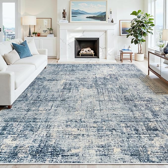 8x10 Area Rugs for Living Room Washable Rug: Anti-Skid Abstract Modern Living Room Rug Soft Thin Carpets Indoor Floor Non-Shedding Carpet for Bedroom Dining Farmhouse Nursery Home Office Blue Gold
