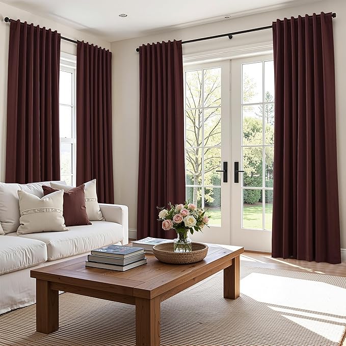 Guken 100% Blackout Curtains 96 Inch Length 2 Panels Set for Living Room Bedroom Back Tab Thermal Insulated Black Out Linen Drapes Room Darkening Reddish Brown,52x96