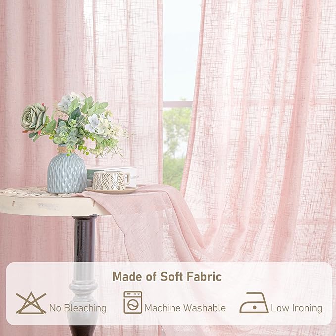 LAMIT Linen Curtains 48 Inch Length 2 Panels, Light Filtering Panels Back Tab and Rod Pocket Neutral Drapes for Kitchen/Window/Kids Room/Bedroom, 34 x 48 Inch Pink