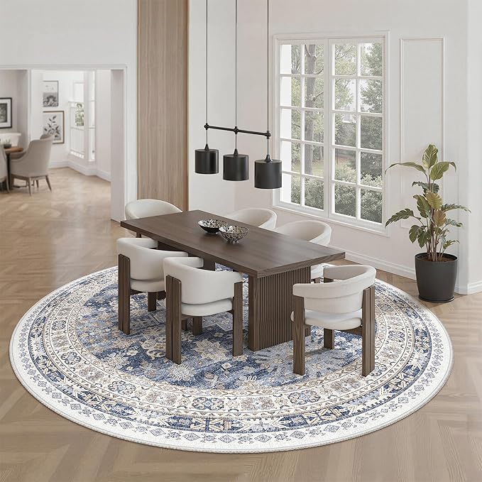zesthome 8ft Round Rugs for Living Room, Non-Slip Washable Round Area Rugs, Ultra-Thin Large Circle Rugs, Soft Low Pile Rug for Bedroom, Kitchen - Vintage Stain Resistant Round Rug (Blue/Beige,8'x8')
