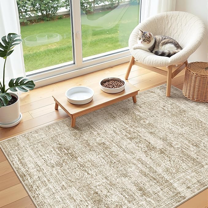 3x4 Washable Area Rug for Entryway, Soft Kitchen Rugs Non Slip for Dining Room, Vintage Abstract Living Room Rug, Thin Area Rugs Indoor for Bedroom, Kids Room Decor(3'x4', Brown/Ivory)
