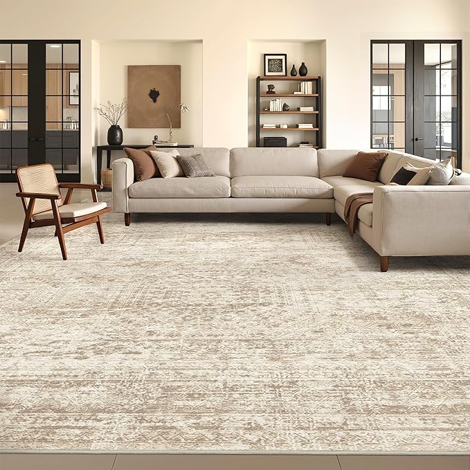 8x10 Area Rugs for Living Room, Non-Slip Backing Large Washable Rug for Nursery Room, Vintage Abstract Bedroom Rugs, Thin Indoor Home Decor Soft Farmhouse Rug (8'x10', Beige/Ivory)