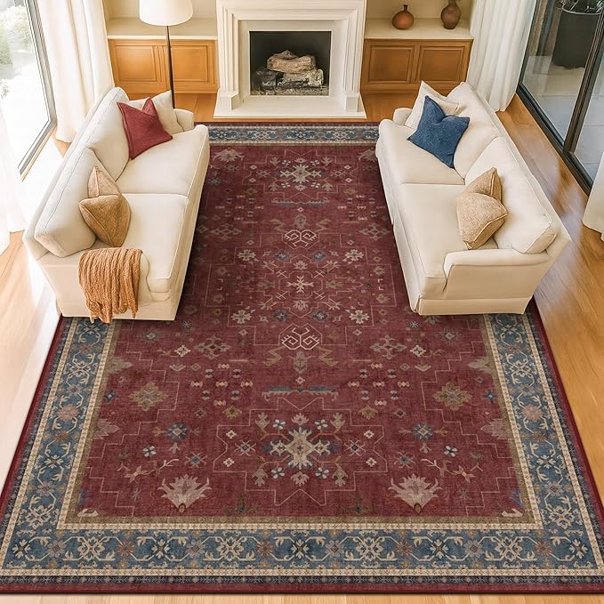 Hazo Haus Oriental 9x12 Soft Rugs for Living Room - Dark Red Rugs for Bedroom Aesthetic, Dining Room Under Kitchen Table, Washable Soft Non Slip Large Area Vintage Décor